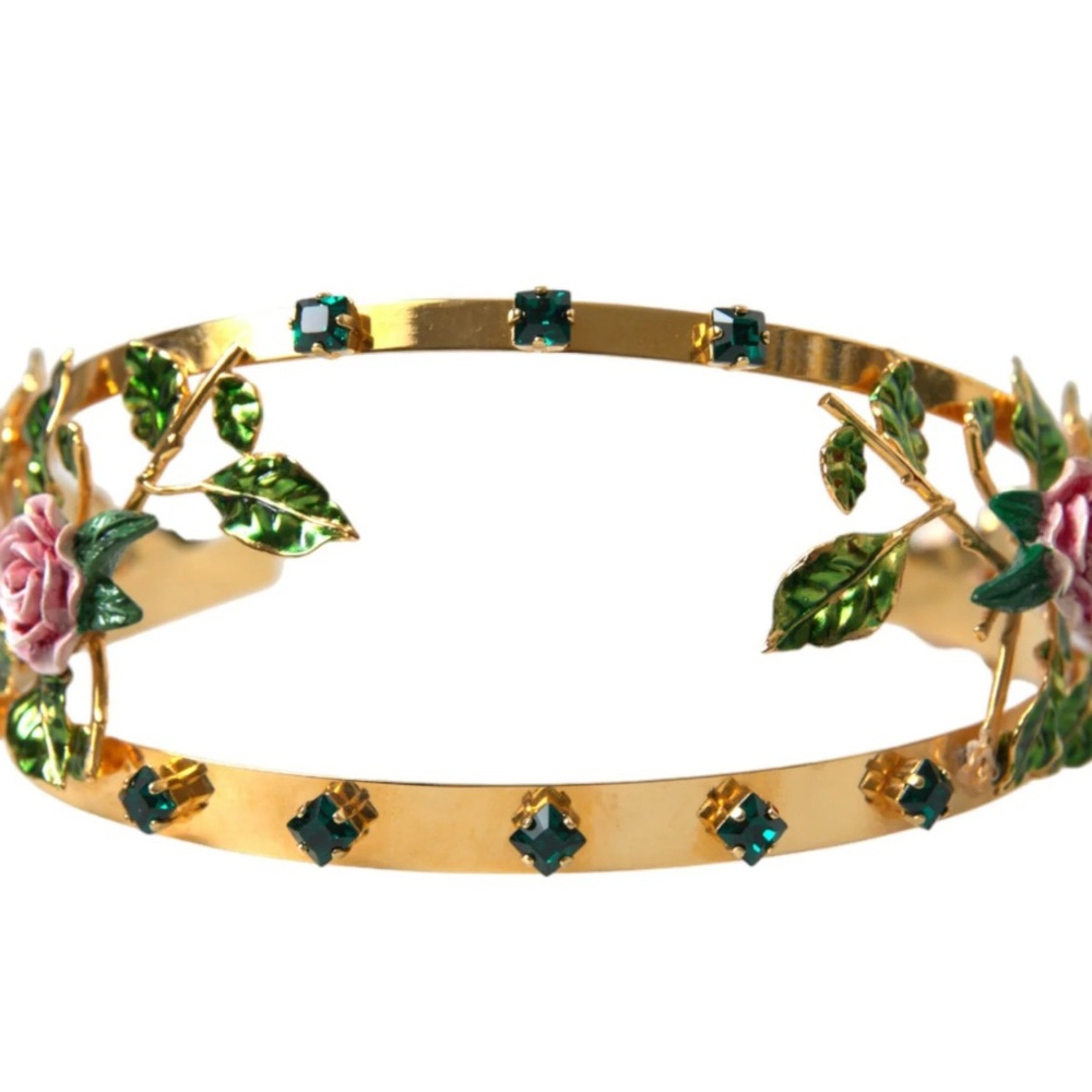 Dolce Gabbana Gold Brass Roses Crystal Embellished Headband Metal Diadem In Box - Picture 8 of 10